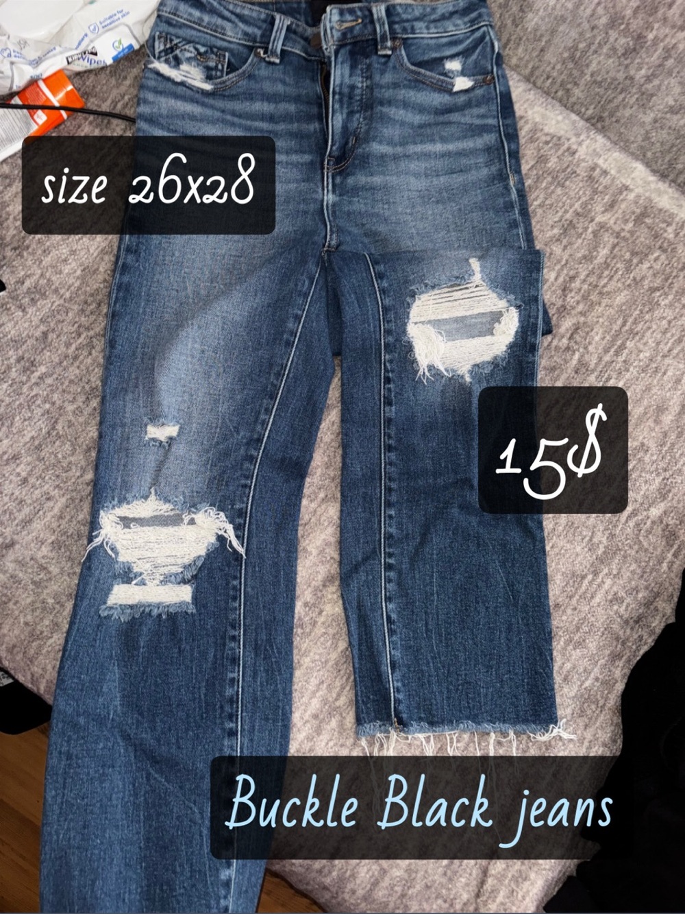 Buckle Distressed Boot Cut Jeans - Dark Blue